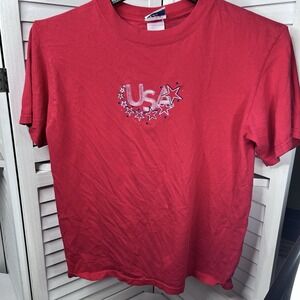 Vtg MC Energy USA Stars Embroidered T-Shirt Red Patriotic 90s Graphic Tee Size M